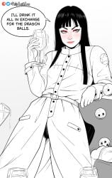 1girl arm_support artist_name belt belt_buckle black_hair blunt_bangs buckle choppy_bangs coat commentary cum cum_in_container cum_in_cup cumdrip cup dragon_ball dragon_ball_(classic) dragon_ball_(object) drinking_glass english_commentary english_text evil_smile excessive_pubic_hair eyeliner female_pubic_hair gokkun holding holding_cup leaning_back lips long_sleeves looking_to_the_side mai_(dragon_ball) makeup mandarin_collar naked_coat patreon_logo penis philipsmitheros pubic_hair pussy pussy_peek red_eyeliner smile solo spot_color trench_coat tsurime twitter_logo wine_glass