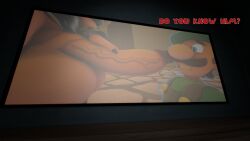1boy 1futa 3d 3d_(artwork) anthro balls blue_overalls bowsette brown_hair clothing delflow dialogue erection futanari genitals green_hat green_shirt hand_on_penis hat horns humanoid illumination_entertainment indoors intersex legwear looking_at_another luigi male male/futa mammal mario_(series) mature mature_futa mature_male movie_theater nintendo nipples overalls penis penis_on_face screen shirt short_hair super_mario_bros. super_mario_bros._(2023_film) testicles text