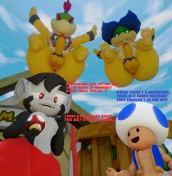 3d 3d_(artwork) 4boys anus balls bib black_body blue_hair blue_toad bowser_jr. doommusk falling hi_res koopa koopaling landing lire_(doommusk) ludwig_von_koopa male male/male mario_(series) mario_bros mask monkey mushroom mushroom_humanoid nintendo oc penis primate red_hair smile super_mario_bros. text toad_(mario) turtle yellow_body