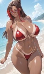 ai_generated beach belly big_breasts bikini dark_skin mature_female purple_eyes red_bikini safe_for_work sfw sylvia_(konosuba) tan_body thick thick_legs thick_thighs