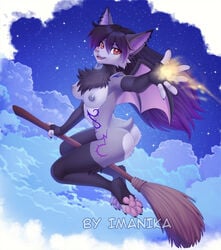 4_toes 5_fingers anthro areola black_body black_fur black_hair breasts chiropteran detailed_background digital_media_(artwork) ear_piercing ear_ring feet female female_only fingers fur hair imanika looking_at_viewer mammal night nipples nude outside piercing shaded sky smile solo star starry_sky toes