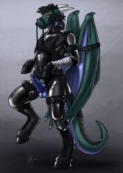2019 anthro balls bandage bandaged_arm bdsm bit_gag black_boots black_clothing black_footwear black_hair black_latex black_skinsuit blinders blue_balls blue_penis blue_tail blue_wings boots clothing dated dragon erection eyewear footwear full-length_portrait gag gagged genitals green_wings hair hi_res horn hufnaar karumaru knot latex latex_clothing latex_skinsuit male male_anthro membrane_(anatomy) membranous_wings messy_hair mythological_creature mythological_scalie mythology penis petplay portrait ridged_penis roleplay scalie shoes short_hair simple_background skinsuit slim_anthro slim_male solo standing tail tight_clothing white_horn wing_bondage wings yellow_eyes