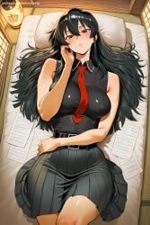 1girl ai_generated akame_(akame_ga_kill!) akame_ga_kill! bangs black_hair blush breasts collared_shirt from_above hair_between_eyes half-closed_eyes hi_res high_quality high_resolution large_breasts long_hair looking_at_viewer lying necktie on_back paper patreon pillow pleated_skirt red_eyes red_neckwear savvyraexo seductive sexy shirt sidelocks skirt sleeveless sleeveless_shirt solo tatami uncensored watermark wooden_floor