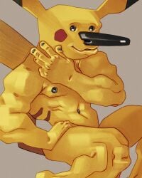 4:5 abs absurd_res anthro beady_eyes black_eyes black_nails black_navel black_nipples black_nose blush colored_nails generation_1_pokemon hi_res humanoid_hands long_nose male muscular muscular_arms muscular_male nails nintendo nipples nude_male pecs pikachu pinup pokemon pokemon_(species) pose ravuer red_cheeks shy simple_background sitting smile solo unusual_anatomy yellow_body yellow_skin