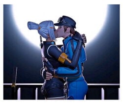 background blender blender_(software) blue_eyes brown_eyes brown_hair character_name closed_eyes closed_eyes_female closed_eyes_smile clothing cloud_striker_(fortnite) couple couple_(romantic) couple_love dizzie_(fortnite) female female/female female_focus female_human fortnite fortnite:_battle_royale hug kiss kiss_on_lips kissing lesbian lesbian_couple lesbian_focus lesbian_kiss lesbians moon night night_sky render rendered white_hair