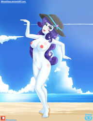 beach blue_eyes breasts equestria_girls female looking_at_viewer minus_class my_little_pony naked nipples nude purple_hair pussy rarity_(mlp) smooth_skin solo sun_hat tagme vagina white_skin