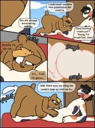 5_panel_comic anthro anthro_on_anthro areola bed belly big_belly big_breasts black_hair blonde_hair blush bodily_fluids breasts butt calico_cat close-up cloud comic cum cum_from_ass cum_in_ass cum_in_mouth cum_inflation cum_inflation_progression cum_inside cum_through deep_throat dialogue digital_media_(artwork) domestic_cat duo english_description english_text eyebrows eyeliner eyes_closed felid feline felis female freckles full_stomach fur furniture genital_fluids green_eyes guts hair hi_res huge_belly huge_breasts immobilization inflation internal intestines lagomorph lemmy_(sapphinarose) lewd_can looking_at_another looking_pleasured lying lying_on_another lying_on_bed makeup male male/female mammal narrowed_eyes on_back on_bed on_front onomatopoeia open_mouth oral oral_penetration organs paprika_(sapphinarose) penetration penile penile_penetration penis_in_mouth pika profanity red_bedding short_tail shortstack shortstack_female size_difference sky sound_effects tagme tail text twitching twitching_tail wall_(structure) wood wood_wall