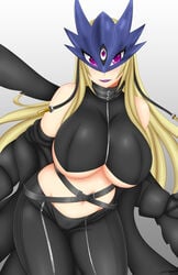 1girls 3_eyes beelstarmon belt blonde_hair breasts digimon female gloves large_breasts leather leather_jacket leather_pants lipstick long_hair looking_at_viewer mask multi_eye navel off_shoulder purple_eyes revealing_clothes smile somegu underboob