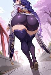 1girl ai_generated ass ass_focus bangs blush braid braided_ponytail breasts bridal_gauntlets cherry_blossoms clothing curvy female footwear from_behind from_below full_body genshin_impact hair_ornament huge_ass japanese_clothes kimono large_breasts legwear long_hair long_sleeves looking_at_viewer looking_back mitsudomoe_(shape) mole mole_under_eye obi off_shoulder outdoors parted_lips ponytail purple_eyes purple_hair purple_kimono purple_thighhighs raiden_shogun sallylove sash shorts skindentation sky solo tattoo thick_thighs thighhighs thighs tomoe_(symbol) torii traditional_clothes tree very_long_hair wafuku walking wide_hips wide_sleeves
