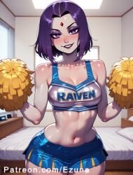 ai_generated big_ass big_breasts big_butt big_thighs blush cheerleader cheerleader_uniform colored_skin eyeshadow ezuna huge_ass huge_breasts huge_butt huge_thighs jewelry purple_eyes purple_hair purple_skin raven_(dc) raven_(teen_titans) short_hair wanuze wide_hips