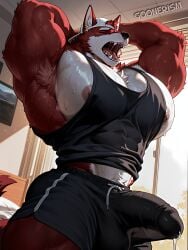 1boy abs abs_peek ai_art ai_generated anthro armpit_hair armpit_musk armpit_tuft armpits backwards_baseball_cap balls balls_outline bara bara_tiddies bara_tits bedroom big_muscles big_pecs bubble_butt bulge bulge_through_clothing canid canine cap chest_tuft closed_eyes drooling erection eyes_closed fur furry gay goonerism hat indoors jock muscular muscular_male musk musk_clouds nipple_peek patreon pecs penis penis_outline precum precum_drip precum_through_clothing red_fur saliva see-through self_upload sharp_teeth shirt_lift shorts solo stretching sunlight tank_top two-tone_body two-tone_hair watermark wolf yaoi yawn yawning