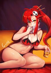 1girls bikini bikini_bottom curvy drink female female_only long_hair medium_breasts no_pants no_shorts red_hair solo tengen_toppa_gurren_lagann thick_thighs xiao_miao yellow_eyes yoko_littner