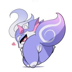 1:1 female feral fur genitals godforgiveme4 heart_symbol hi_res humanoid_genitalia humanoid_genitalia_on_feral humanoid_vulva humanoid_vulva_on_feral nude presenting presenting_vulva purple_body purple_fur red_eyes simple_background solo sword_x_staff tail vulva watermark zeioletus