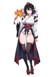 1girl 1girls arms_behind_back autumn autumn_leaves big_breasts black_hair blush blush_lines blushing blushing_at_viewer breasts brown_thighhighs detached_sleeves dress fan full_body geta hands_behind_back hat hauchiwa hi_res high_heels high_resolution highres japanese_clothes kimono large_breasts leaf leaf_print leo23 light_blush long_sleeves looking_at_viewer maple_leaf medium_hair missing_wing missing_wings no_panties obi obiage obijime official_alternate_costume one_eye_closed open_clothes open_clothing pelvic_curtain pointy_ears pom_pom_hair_ornament pom_poms red_eyes red_hat ribbon sandals sash see-through see-through_clothes see-through_clothing shameimaru_aya sharp_ears side_slit simple_background skindentation smile smiley_face smiling smiling_at_viewer sole_female solo solo_female solo_focus standing tengu thick_thighs thighhighs thighs tokin_hat touhou white_background white_kimono wide_hips wide_thighs