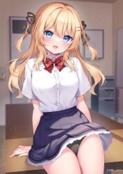 1girl blonde_hair blush breasts classroom clothed hair_ornament hair_ribbon hairband highres large_breasts leaning_back long_hair original panties school_desk school_uniform shiono_(0303) shirt sitting sitting_on_desk skirt skirt_lift straight_hair tied_hair twintails