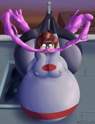 1boy 1girls bound bound_legs bound_wrists city disney elastic elastic_body elastigirl goo_inflation hanging_from_pole huge_ass huge_belly huge_breasts inflation massive_ass massive_belly pixar pixar_mom puffed_cheeks screenslaver slime_inflation the_incredibles the_incredibles_2 theneverwere