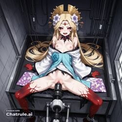 1girl absurdly_long_hair ai_assisted ai_generated arm_support big_breasts black_sclera blonde_hair blue_sash corruption dominated eyeliner facing_viewer forced_orgasm forehead_jewel from_above hair_flower high_quality highres indoors legs_spread monster_girl mouth_open nipples open_mouth petite_body red_eyes ripped_clothes skinny small_breasts small_tits smug solo solo_female sweat tiny_tits unable_to_move unable_to_resist white_kimono young