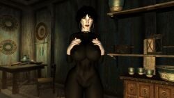 3d big_breasts black_hair dark_elf darkina_(skibidoa) earrings nipple_bulge seductive skin_tight skyrim solo solo_female thick_thighs voluptuous