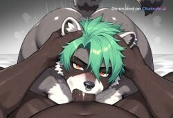 1boy ai_assisted ai_generated blowjob butt_crack curvy deepthroat fat_man furry green_hair grey_fur hairy_man head_grab head_tilt large_penis looking_at_viewer male naked naughty_face nose_piercing nude orange_eyes piercings pov raccoon raccoon_tail sexy steam sweat