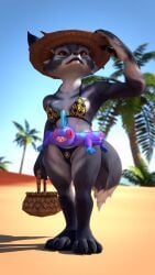 anthro beach bikini clothed female furry grey_fur hat jabascript69 lingerie paws red_eyes standing swimwear tail two-piece_swimsuit vulpera warcraft world_of_warcraft