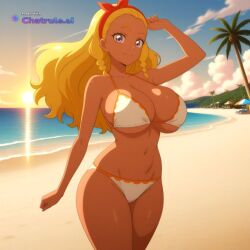 1girl ai_assisted ai_generated anime_screencap anime_style athletic_female beach beach_bar blue_sky colorful contrast curvaceous curvy daytime detailed_face dramatic_lighting fit hairband highly_detailed hourglass_figure huge_breasts looking_at_viewer sand sea slender_waist sun thick_thighs toned voluptuous white_bikini white_clouds wide_hips