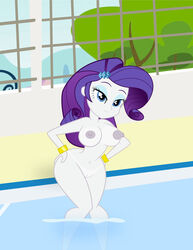 blue_eyes breasts cleavage equestria_girls female looking_at_viewer my_little_pony naked nipples nude pool purple_hair rarity_(eg) smooth_skin solo tagme toonatiu white_skin wide_hips