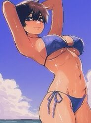 1girls 2025 bikini blue_bikini breasts brown_eyes brown_hair hi_res large_breasts lee_mi-young_(spoiledmuffin) looking_at_viewer matching_hair/eyes pixel_art short_hair smile solo spoiledmuffin swimsuit