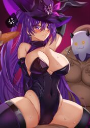 1girls aisha_(elsword) big_breasts blush bunny_ears bunnysuit earrings elsword hand_behind_head hat mask navel purple_eyes purple_hair takanaru thighhighs very_long_hair