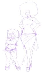 2d 2d_(artwork) 2girls afro alien alien_girl amethyst_(steven_universe) arms_up beach_outfit big_breasts cartoon_network color curvy garnet_(steven_universe) gem high_heels illustration long_hair misplacedlines nipples_bulge presenting shortstack standing steven_universe steven_universe_future sunglasses taller_female voluptuous