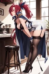 1girl ai_generated azur_lane bangs bent_over black_footwear black_legwear blush breasts cleavage collarbone dress garter_straps gloves hair_ribbon hi_res high_heels high_quality high_resolution honolulu_(azur_lane) indoors jacket jacket_on_shoulders kiraamane large_breasts leaning_forward long_hair looking_at_viewer patreon ponytail red_eyes red_hair ribbon seductive sexy short_dress solo standing thighhighs thighs uncensored very_long_hair watermark white_gloves wichita_(azur_lane) window