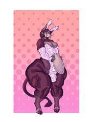 1boy annoyed anthro armwear ball_bulge balls ballsack bottom_heavy bottom_heavy_femboy bovine breasts breasts_bigger_than_head bulge bunny_ears bunnysuit choker cleavage cow_boy cow_ears cow_horns cow_tail digitigrade easter face_mask femboy fishnet_stockings full_lips furry furry_futa furry_only hooves hyper_thighs large_breasts leotard male mammal mask muscular muscular_arms muscular_thighs oli_(oxart) oxart penis_bulge pigeon-toed red_eyes serving_tray shy stockings tail testicles thick_thighs thighs wide_hips