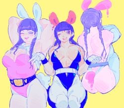 1girl bunny_costume bunny_ears bunnysuit mojiro_moko moko_mojiro muscular_arms muscular_female pose purple_hair solo_female the_hundred_line_-last_defense_academy- wink wrestling_belt