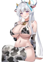 1girl :p absurdres alternate_costume animal_ears animal_print bell bikini blue_archive blue_halo breasts commentary cow_ears cow_horns cow_print cow_print_bikini cow_print_thighhighs cowbell fake_animal_ears fake_horns grey_hair halo highres horns large_breasts nakano_kura navel neck_bell noa_(blue_archive) print_bikini print_thighhighs purple_eyes swimsuit thighhighs tongue tongue_out