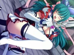 1girl 2000s_(style) aqua_hair ayahime_kurumi blue_hair blush boots breasts cleavage cleavage_cutout closed_eyes clothing_cutout dutch_angle elbow_gloves female_masturbation game_asset gloves green_hair hair_ribbon high_heels holding holding_sword holding_weapon large_breasts legs lemmtear_theta long_hair magical_girl mahou_senshi_(series) mahou_senshi_lemmtear_knights masturbation night non-web_source official_art open_mouth outdoors panties pussy_juice ribbon saitou_natsuki self-datamine sex_toy shoes skirt smile solo sweat sword thigh_boots thighhighs underwear variant_set visual_novel_cg weapon wet wet_clothes wet_panties white_thighhighs