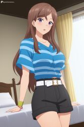 1girl ai_generated bed bedroom belt black_shorts blue_shirt blush bracelet breasts brown_hair collarbone cowboy_shot curtains digitalwaifugallery hi_res high_quality high_resolution indoors jewelry large_breasts long_hair looking_at_viewer midriff_peek on_bed open_mouth patreon pillow purple_eyes seductive sexy shirt short_sleeves shorts solo striped_clothes striped_shirt uncensored watermark white_belt window