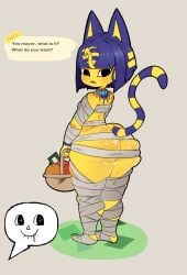 1girls animal_crossing ankha ankha_(animal_crossing) anthro ass blue_hair cat_ears cat_tail catgirl dialogue egyptian female furry looking_at_viewer looking_back meweeze tail text thick_thighs wide_hips yellow_fur