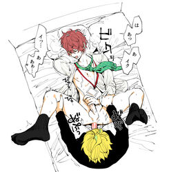 2boys anal blonde_hair bottomless clothed_sex cum cum_on_body drooling hands_on_legs hypnosis_mic izanami_hifumi kannonzaka_doppo legs_held_open legs_up lying male_focus multiple_boys name_tag on_back on_bed penis red_hair socks sweat unbuttoned unbuttoned_shirt yaoi