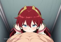 1girl ai_assisted ai_generated back_against_wall balls_deep blue_eyes deep deepthroat dominated face_fuck facing_viewer hair_tubes hairband hands_tied_above_head high_quality highres long_hair petite_body pov red_hair ripped_clothes sitting_on_knees skinny small_breasts small_tits tiny_tits very_long_hair young