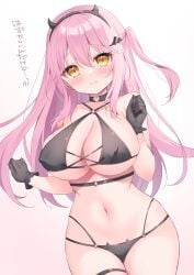 1girl bikini bikini_bottom bikini_top blush breasts choker gloves hair_ornament hairband highres horn horned_hairband large_breasts long_hair nipple_bulge original pink_hair shiono_(0303) side_hair sidetail straight_hair tied_hair