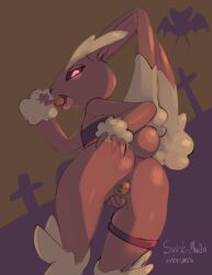 2025 ambient_pokemon anal anal_penetration anthro biped brown_body brown_fur butt buttplug buttplug_in_ass buttplug_insertion colored dated digital_media_(artwork) female female_anthro fur generation_4_pokemon halloween hand_on_butt hand_on_own_butt hi_res holidays lollipop_in_mouth looking_at_viewer looking_back looking_back_at_viewer lopunny maebari nintendo object_in_ass penetration plug_(sex_toy) plug_insertion pokemon pokemon_(species) presenting presenting_hindquarters sex_toy sex_toy_in_ass sex_toy_insertion shaded signature solo sukk-madikk year