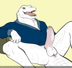 2016 albino albino_alligator alligator alligatorid anthro anus anus_blush balls bodily_fluids bottomless clothed clothing crocodilian erection femboy foreskin furaffinity_handle gay gay_anal genital_fluids genitals hi_res homosexual homosexual_male humanoid_genitalia humanoid_penis jacket male male/male male_focus male_only male_penetrated markings neck_scar non-mammal_balls open_mouth partially_retracted_foreskin penis pink_tongue precum presenting presenting_penis reclining reptile scale_markings scales scalie sharp_teeth simple_background skully snout solo spread_legs spreading tail teeth text thick_neck tongue topwear url vein veiny_penis white_body white_skin winston_vega