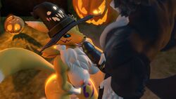 16:9 3d_(artwork) anthro bandai_namco breasts canid canine canis digimon digimon_(species) digital_media_(artwork) duo edrocnok fellatio female food forest fruit fur genitals grave halloween halloween_costume halloween_pumpkin handjob holidays humanoid_genitalia humanoid_penis magic_user male male/female mammal muscular muscular_anthro muscular_male night nude oral oral_penetration outside penetration penile penis plant pumpkin renamon sex source_filmmaker tree widescreen witch witch_costume wolf