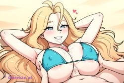 1girl ahoge ai_assisted ai_generated beach big_boobs blonde_hair cock_between_boobs cum_eruption cum_explosion cumshot love messy_hair no_pupils paizuri sand shiny_boobs straddling_paizuri titfuck titjob upturned_eyes very_long_hair