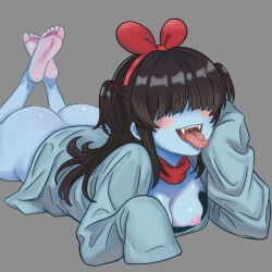 1girl ahegao aqua_(deltarune) artlongon ass_focus barefoot black_hair blue_skin blush breasts dark_hair deltarune deltarune_chapter_5 drooling fangs feet_up female from_above hair_bow large_breasts legs_up light_blue_skin long_tongue lying monster_girl nipples open_mouth open_shirt oversized_shirt pigtails prone red_bow red_ribbon saliva soles solo tongue_out twintails unbuttoned_shirt