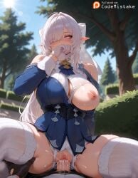 1boy 1girl ai_generated bangs bare_shoulders bare_tree blue_sky blurry blurry_background blurry_foreground blush breasts breasts_out bush clothed_sex clothing_cutout codemistake covering_mouth cowgirl_position cum cum_in_pussy day depth_of_field dress eyebrows_visible_through_hair forest girl_on_top glint gloves hair_between_eyes hair_ornament hair_over_one_eye hand_over_own_mouth hetero large_breasts long_hair long_sleeves looking_at_viewer mihoyo nature nipples one_breast_out one_eye_closed outdoors panties park patreon patreon_link patreon_logo patreon_url patreon_username penis plant pointy_ears pov pov_crotch purple_eyes pussy sex sky solo_focus spread_legs straddling thigh_grab thighhighs torn_clothes tree uncensored underwear vaginal velina_(zenless_zone_zero) velina_airgid very_long_hair white_hair white_legwear zenless_zone_zero