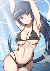 1girls arms_behind_head beach bikini blue_hair gym_leader long_hair looking_at_viewer nintendo pokemon pokemon_rgby posing red_eyes sabrina_(pokemon) sumida_kichi swimsuit wide_hips