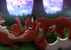 astralia black_eyes blush bodily_fluids canid canine cunnilingus dialogue disney duo erection female feral fox fur genital_fluids genitals grass head_tuft hi_res humanoid_genitalia humanoid_genitalia_on_feral humanoid_vulva humanoid_vulva_on_feral leaf leaking_precum licking looking_at_another looking_pleasured male male/female mammal oral orange_body orange_fur penis plant precum sex spread_legs spreading text the_fox_and_the_hound tod_(tfath) tongue toony tuft vaginal vixey_(tfath) vulva watermark white_body white_fur