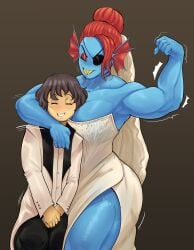 fish flexing flexing_bicep frisk_(undertale) headlock married_couple muscular_female red_hair smiling undertale undyne wedding_dress wholesome