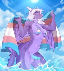 anthro areola balls bikini bikini_top biped blue_areola blue_eyes blue_glans blue_penis bottomless bottomless_gynomorph bottomless_intersex breasts clothed clothing dragon erection eyelashes genitals glans glistening glistening_body glistening_breasts glistening_genitalia glistening_penis glistening_scales glistening_skin glistening_thighs gynomorph hi_res intersex lgbt_pride membrane_(anatomy) membranous_wings mythological_creature mythological_scalie mythology penis pride_colors pupils purple_balls purple_body purple_breasts rythmyr sad_zarya scales scalie smile solo swimwear towel transgender_pride_colors two-piece_swimsuit water wings
