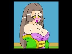 1girls 2d :d big_breasts blush breasts brown_hair cleavage clothed female female_only game_cg japanese_clothes jermaneels lady_tsubone_(jermaneels) large_breasts long_hair old_erotic_story pixel_art tongue yellow_eyes